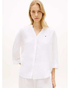 Tommy Hilfiger Relaxed Fit Pure Linen Half Sleeve Shirt - White