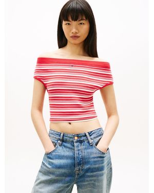 Tommy Hilfiger Stripe Off-the-shoulder Slim Jumper - Red