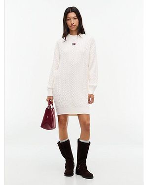 Tommy Hilfiger Midi Strickkleid Mit Zopfmuster Und Tommy Badge - Weiß