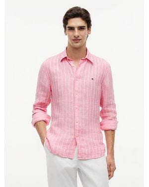 Tommy Hilfiger Regular Fit Textured Stripe Pure Linen Shirt - Pink