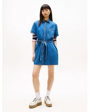 Tommy Hilfiger Chambray Overhemdjurk Met Ceintuur - Blauw