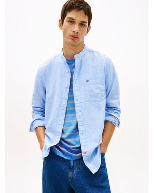 Tommy Hilfiger Regular Fit Band Collar Linen Blend Shirt - Blue