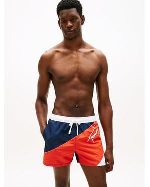Tommy Hilfiger Signature Colour-Blocked Mid Length Swim Shorts - Red