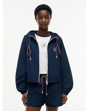 Tommy Hilfiger Logo Water Repellent Hooded Windbreaker - Blue