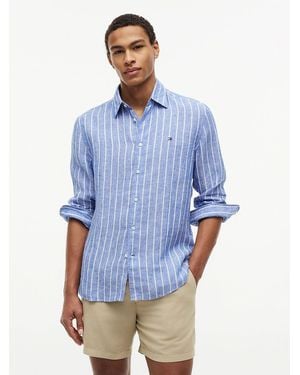 Tommy Hilfiger Regular Fit Textured Stripe Pure Linen Shirt - Blue