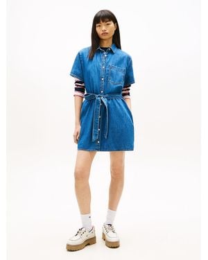 Tommy Hilfiger Chambray Belted Mini Shirt Dress - Blue