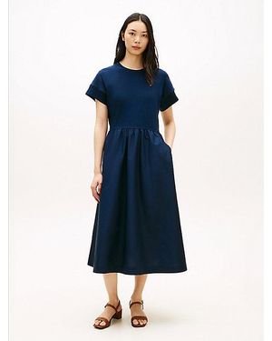 Tommy Hilfiger A-Linien-Kleid CODY MIX MEDIA C-NK DRESS in Midi-Länge, Rundhals, Regular Fit - Blau