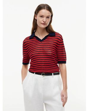 Tommy Hilfiger Pointelle Relaxed Short Sleeve Polo Jumper - Red