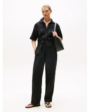 Tommy Hilfiger Linen Blend Belted Short Sleeve Jumpsuit - Black
