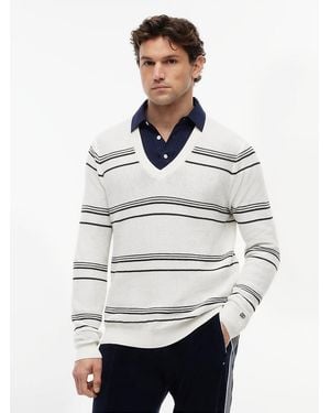 Tommy Hilfiger New York Label Mercerised Stripe V-Neck Jumper - White