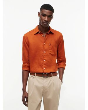 Tommy Hilfiger Regular Fit Washed Pure Linen Shirt - Orange