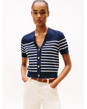 Tommy Hilfiger Jersey Gold-tone Button Short Sleeve Cardigan - Blue