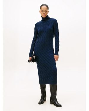 Tommy Hilfiger Robe Midi En Laine Douce À Torsades - Bleu