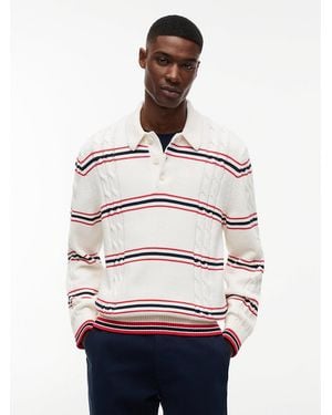 Tommy Hilfiger Tommy Badge Cable Knit Stripe Polo Jumper - White