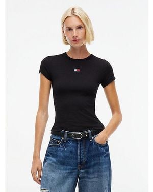 Tommy Hilfiger Geribd Slim Fit T-Shirt Met Tommy Badge - Blauw