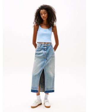 Tommy Hilfiger Jupe Midi En Denim Délavé À Fente - Bleu
