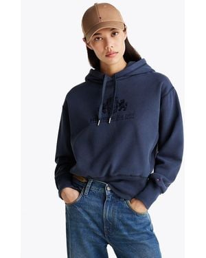 Tommy Hilfiger Logo Embroidery Drawstring Fleece Hoody - Blue