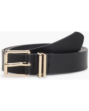 Tommy Hilfiger Square Buckle Logo Keeper Leather Belt - Black