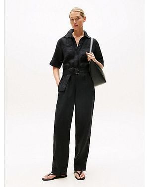 Tommy Hilfiger Linnenmix Jumpsuit Met Korte Mouwen En Riem - Zwart