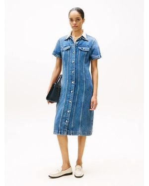 Tommy Hilfiger Midi Denim Short Sleeve Shirt Dress - Blue