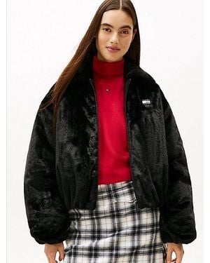 Tommy Hilfiger Tommy Badge Faux Fur Bomber Jacket - Red