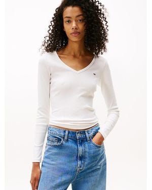 Tommy Hilfiger V-neck Slim Long Sleeve T-shirt - White