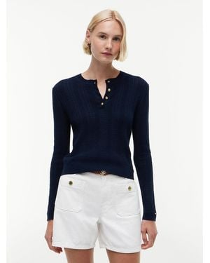Tommy Hilfiger Pointelle-Tone Button Henley Neck Jumper - Blue