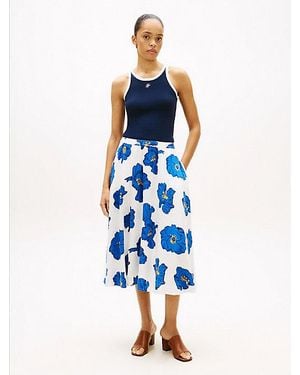 Tommy Hilfiger Pleated Linen Blend Midi A-Line Skirt - Blue