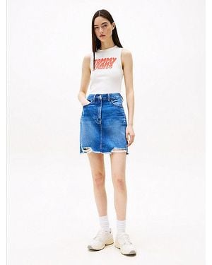 Tommy Hilfiger Mom Fit Minirok Van Distressed Denim - Blauw