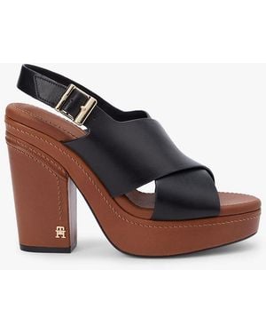 Tommy Hilfiger Leather Crossover Strap Block Heel Sandals - Black