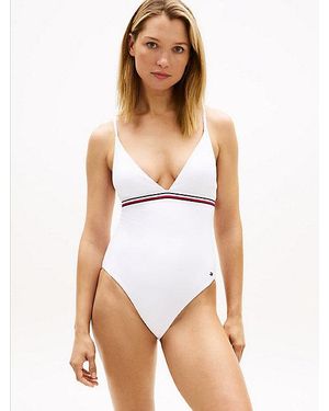 Tommy Hilfiger Badpak Met Diepe V-Hals En Signature-Streep - Wit