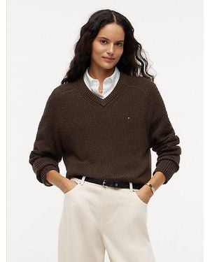 Tommy Hilfiger Pull Décontracté En Point Cardigan Col En V - Marron