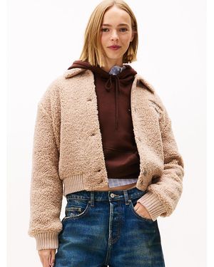 Tommy Hilfiger Varsity Teddy Back Logo Bomber Jacket - Natural