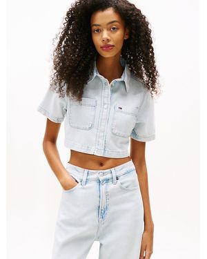 Tommy Hilfiger Relaxed Cropped Short Sleeve Lightweight Denim Shirt - White