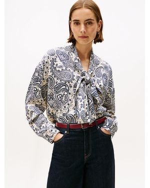 Tommy Hilfiger Oversized Fit Bow Sateen Blouse - Blue