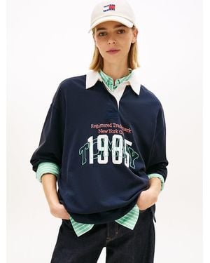 Tommy Hilfiger Logo Embroidery Jersey Oversized Rugby Shirt - Blue