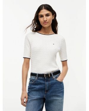 Tommy Hilfiger Cable Knit Boat Neck Short Sleeve Jumper - White