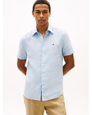 Tommy Hilfiger Regular Fit Washed Linen Short Sleeve Shirt - Blue