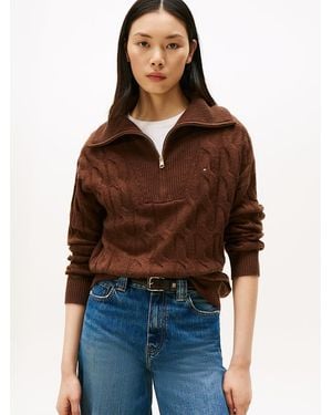 Tommy Hilfiger Half-zip Cable Knit Soft Wool Jumper - Brown