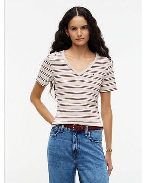 Tommy Hilfiger Flag Embroidery Slim V Neck T-Shirt - White