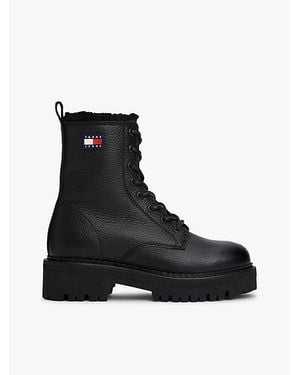 Tommy Hilfiger Leren Gevoerde Halfhoge Laars Met Profiel - Zwart