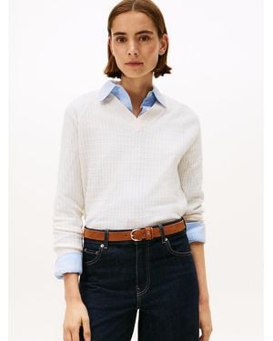 Tommy Hilfiger Cable Knit V-neck Jumper With Cashmere - White