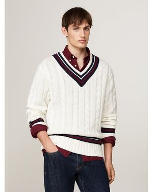 Tommy Hilfiger Cable Knit Wool Blend V-neck Jumper - White