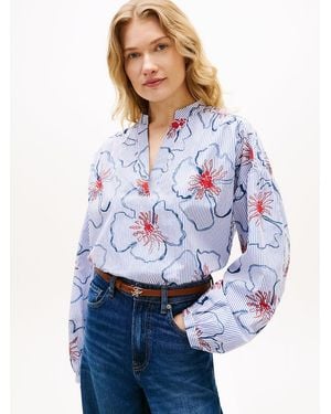 Tommy Hilfiger Relaxed Fit Poplin V-Neck Blouse - Blue
