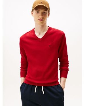 Tommy Hilfiger Flag Embroidery V-neck Jumper - Red