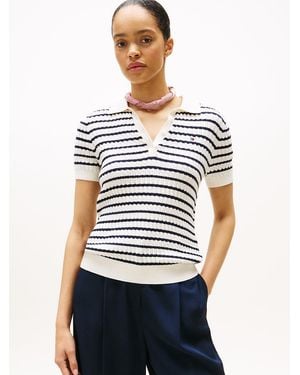 Tommy Hilfiger Cable Knit Polo Short Sleeve Jumper - Blue