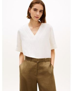 Tommy Hilfiger Relaxed Fit Linen Blend Short Sleeve Blouse - White
