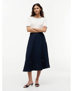 Tommy Hilfiger Logo Flare Midi Skirt With Linen - Blue