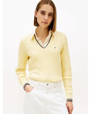 Tommy Hilfiger Cable Knit V-Neck Jumper - Yellow