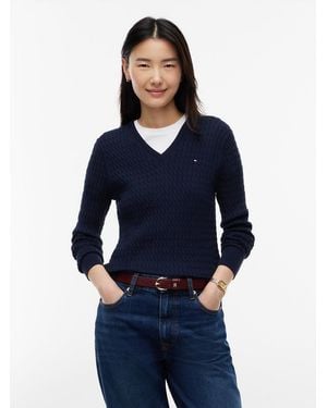 Tommy Hilfiger Cable Knit V-neck Jumper - Blue